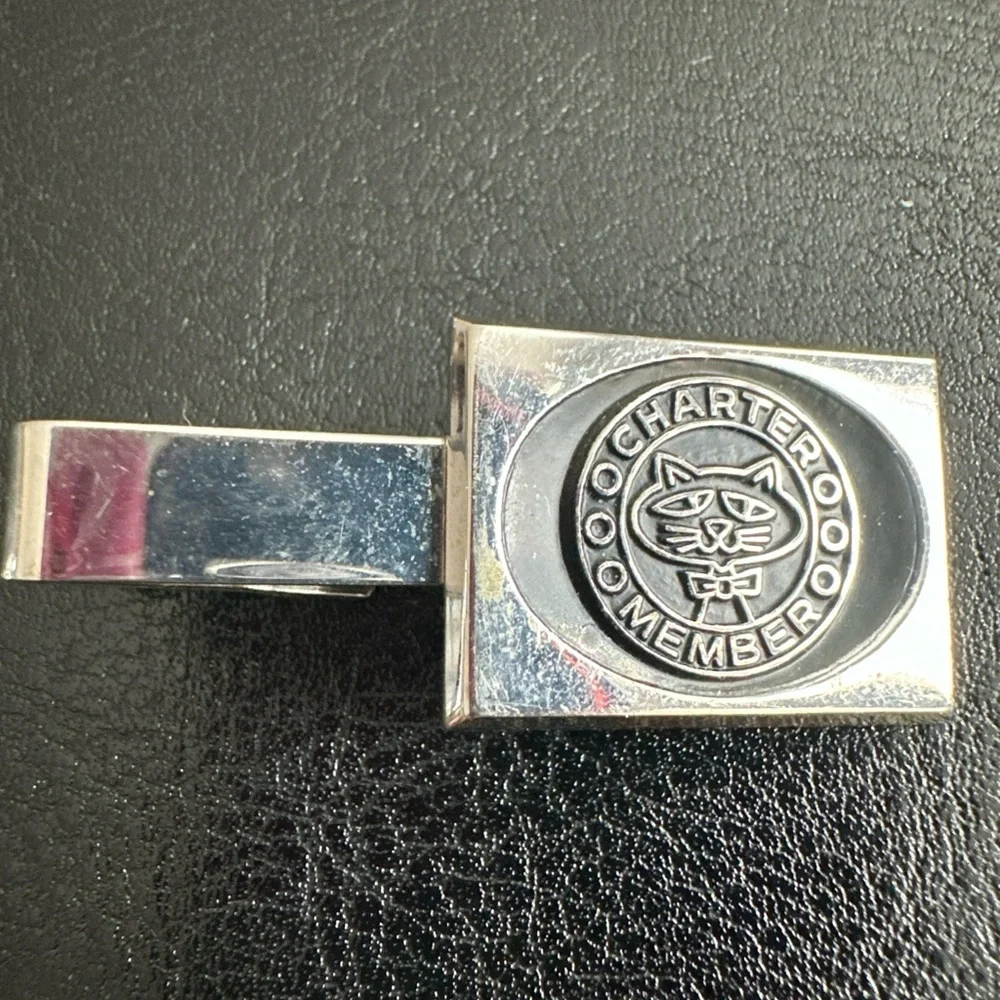 Vintage silver plated Tie Clip With Enamel Cat Logo